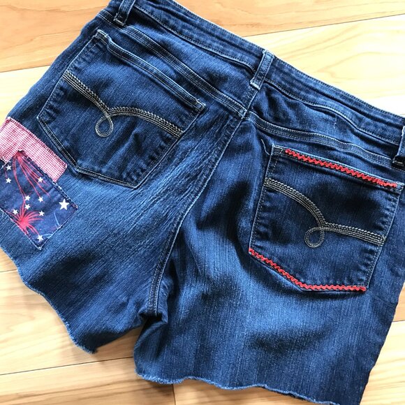 Upcycled Ripped Denim Cutoff Jean Shorts, Fireworks Patriotic Patchwork, Size 16 - Picture 10 of 13